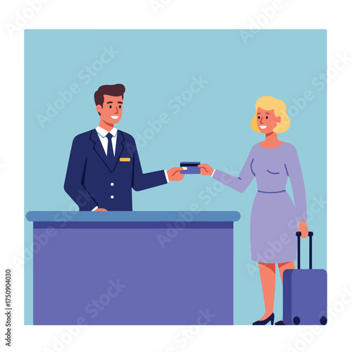 Clerk takes card from woman with luggage at hotel reception desk