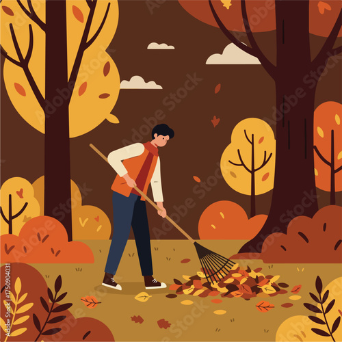 Person raking leaves in autumn landscape with brown and yellow foliage