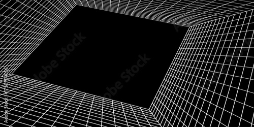 Futuristic perspective grid box. Abstract wireframe with white grid line on black background. Virtual reality landscape in 80s 90s digital style. Vector illustration.
