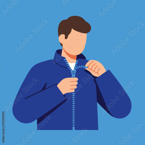 Person zips up jacket on blue background, faceless, simple style