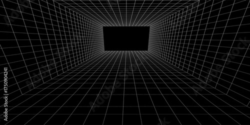 Futuristic perspective grid box. Abstract wireframe with white grid line on black background. Virtual reality landscape in 80s 90s digital style. Vector illustration.