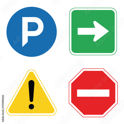 Collection of four essential road signs including parking directional arrow warning exclamation mark and stop sign