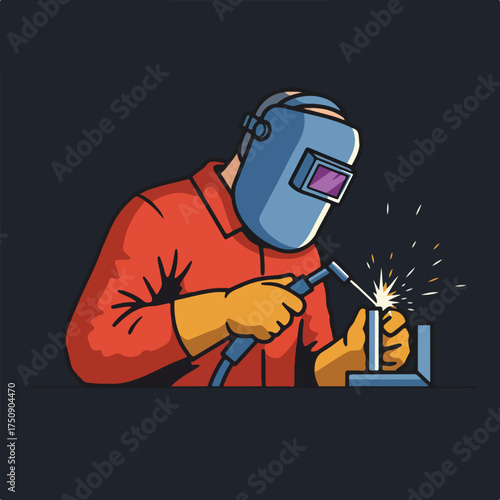Cartoon welder with mask, gloves, red shirt welding metal, sparks flying