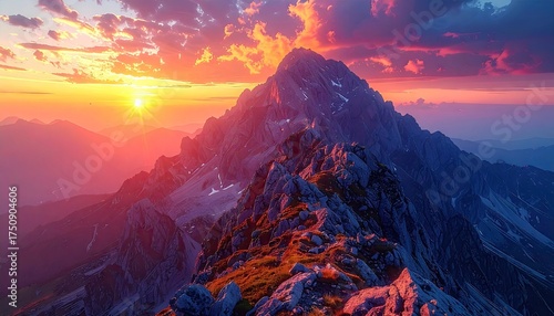 Fototapeta Naklejka Na Ścianę i Meble -  Majestic Mountain Sunset with Vivid Colors and Snow