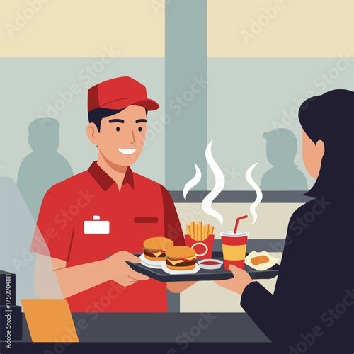 Employee serves a customer fast food with burgers, fries, soda, and fried egg