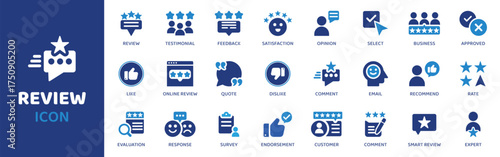 Professional business review icons showcase feedback, satisfaction, opinions, and customer ratings for online engagement and expert evaluation