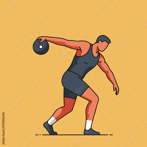 Athlete prepares to throw disc, angled body, black outfit on yellow