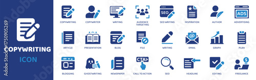 Professional copywriting icons set illustrating content creation, writing, SEO, marketing, and business strategy for digital communication and online success
