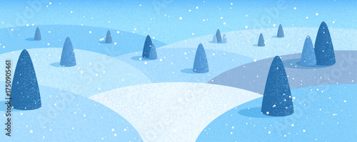Winter landscape with snowdrifts and snowy fir trees. Vector doodle style seasonal nature background. Frosty snow hills. Game art concept. Vector illustration: Cartoon Winter snowy Mountains lands