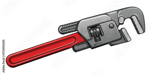 Industrial Pipe Wrench with Red Handle on White Background
