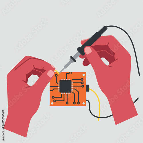 Hands soldering circuit board with iron and wire on grey