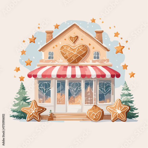 Weihnachtliche Backstube in Aquarell, mit Zimtsternen, Lebkuchenherzen und sanftem Pastell-Hintergrund