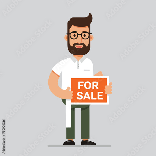 Cartoon of bearded man with glasses holds a 'FOR SALE' sign