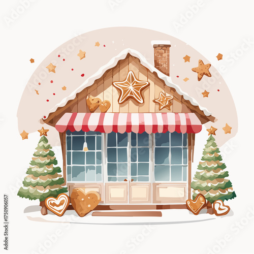 Weihnachtliche Backstube in Aquarell, mit Zimtsternen, Lebkuchenherzen und sanftem Pastell-Hintergrund