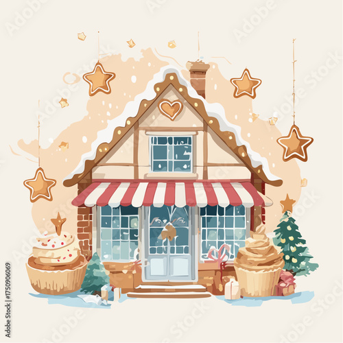 Weihnachtliche Backstube in Aquarell, mit Zimtsternen, Lebkuchenherzen und sanftem Pastell-Hintergrund