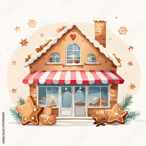 Weihnachtliche Backstube in Aquarell, mit Zimtsternen, Lebkuchenherzen und sanftem Pastell-Hintergrund