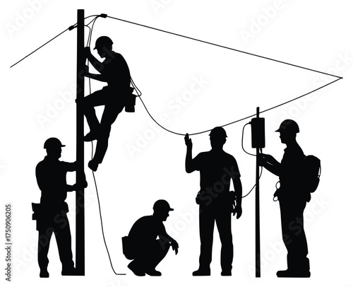 Silhouette of Technicians at Work: Silhouette captures the intensity of technicians at work, climbing poles and checking wires, depicting the industry of infrastructure maintenance.