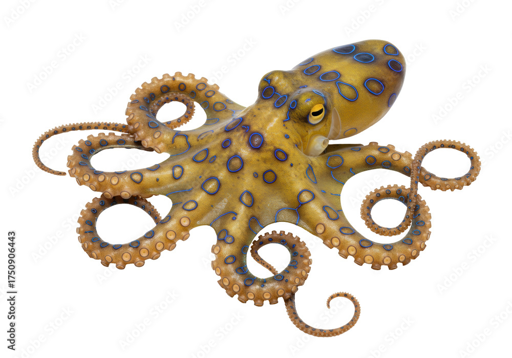 Fototapeta premium Isolated blue-ringed octopus with bright coloration and suckers on a plain surface