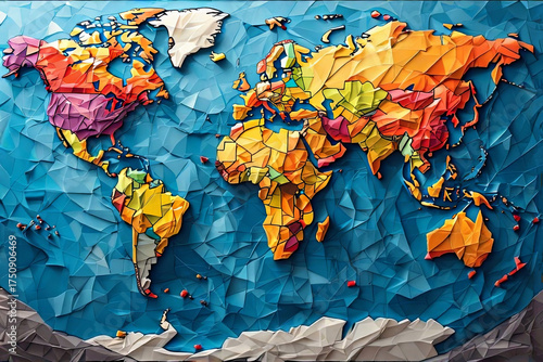 Abstract origami-style world map with colorful geometric continents on deep blue oceanic background