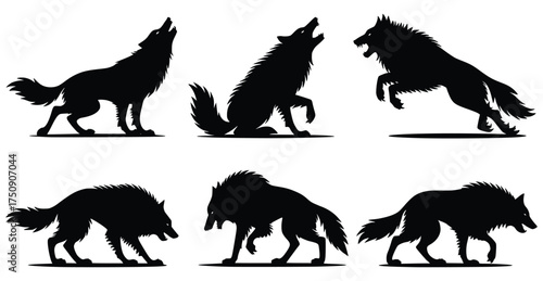 Howling Wolves Silhouette: A striking silhouette captures the untamed spirit of wolves, with dynamic poses, illustrating their primal calls and powerful presence.