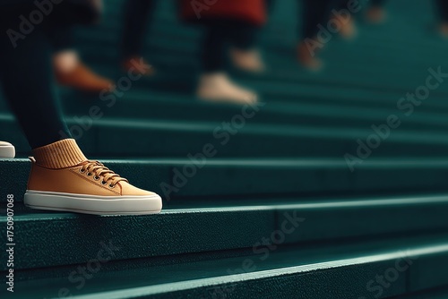Bright sneakers on steps create dynamic sense of movement and en