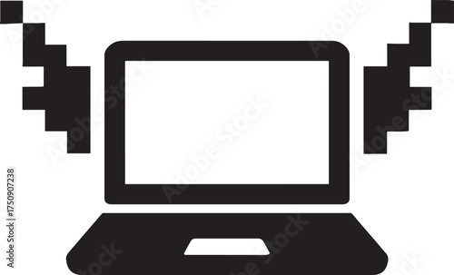 Black pixelated sound waves emanating from laptop computer screen technology audio