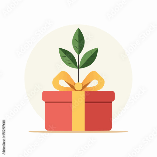Gift box wrapped in red paper with golden ribbon and green plant  
