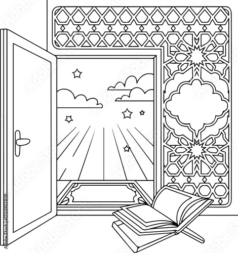 Islamic kids and adults coloring page in hand drawn line art style. Printable black and white illustration for mindfulness, creativity, and relaxing art activities.