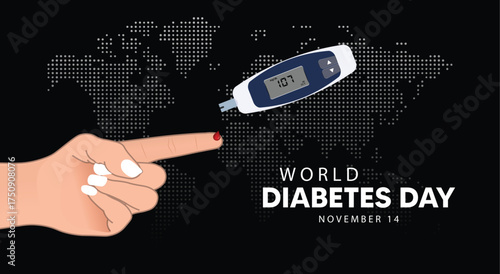 world diabetes day 14 November finger with diabetes check machine vector poster