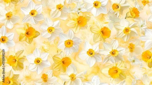 Vibrant seamless pattern featuring white and yellow daffodils, creating cheerful and uplifting atmosphere