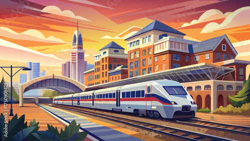 
Very beautiful Virginia Railway Express train at Manassas station surrounded by modern buildings, peaceful suburb atmosphere, and soft golden evening glow.