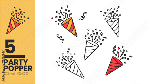 Colorful Party Popper Icons Set for Celebration Design and Festive Events