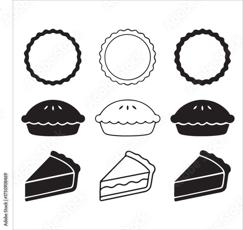 This image displays a collection of pie-themed graphics in a clean, minimalist style. It features three rows, each with three icons: decorative circular borders, whole pies (some solid black, others 