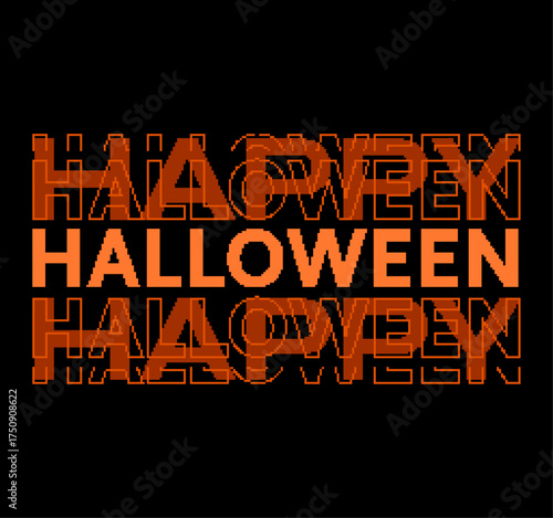Orange Flat Style Abstract Motion Graphics Typography of "Happy Halloween" on Black Backdrop, Pixel Art Style Illustration