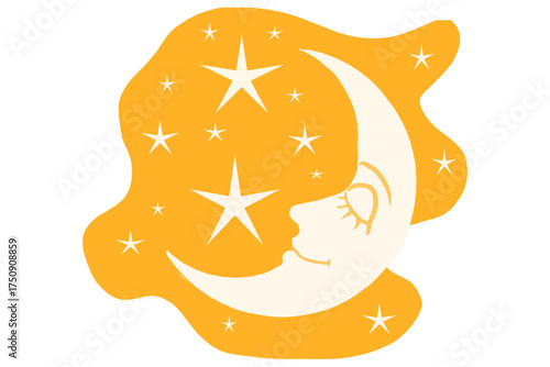 Stylized crescent moon and stars silhouette of a woman s profile with wavy hair isolated on transparent background