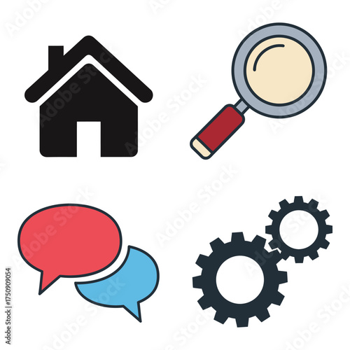 Set of four simple icons house search chat bubbles and gears representing website navigation tools and settings