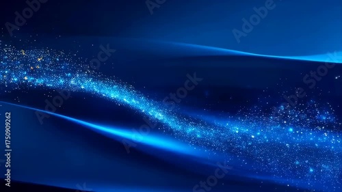 Abstract Blue Flowing Waves With Sparkling Particles In Dark Background
