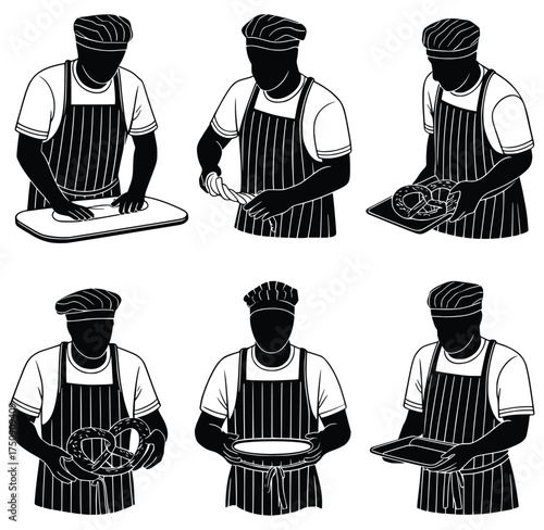 Artisan Baking: A baker, adorned in his apron and toque, performs various stages of baking and creates a batch of fresh, delectable baked goods in the art of baking