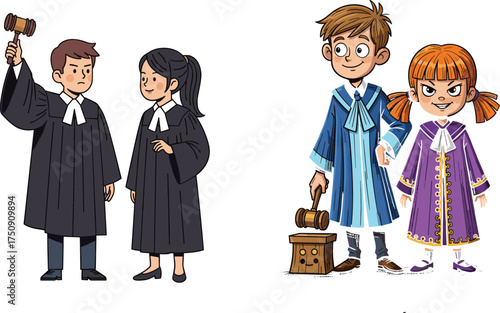 Cartoon judges, courtroom characters, traditional and modern robes, gavel, justice concept, legal education, children’s law illustration, playful judiciary scene