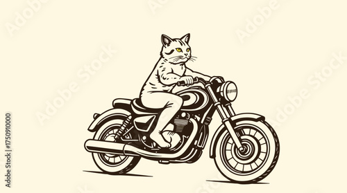A cat, anthropomorphic, rides a vintage motorcycle, cruising forward.