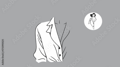 A minimalist illustration of a white shirt with a collar, buttons, and a small circular sketch.