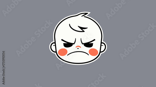Cartoon illustration of an angry baby face with furrowed brows and rosy cheeks on a gray background.