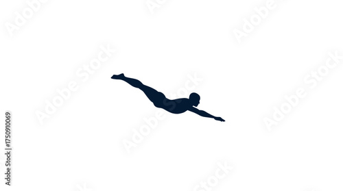 Silhouette of a person diving, arms extended, against a white background.