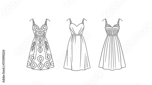 Three outlined dresses with varying designs, featuring straps and fitted waists, in a simple, elegant style.