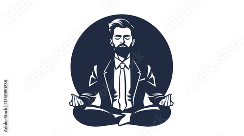 A stylized illustration of a businessman meditating in a lotus position, with a dark blue background.