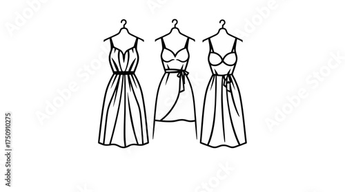 Three dresses with straps are hanging on hangers, depicted in a simple black and white line drawing.