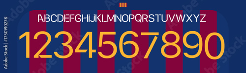 font barcelona fc vector tea kit sport style font. football style font with thin and points inside. blaugrana color jersey, catalan laliga spain. sports style letters and numbers for soccer team