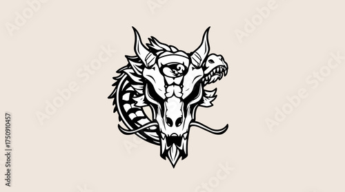 A stylized dragon head illustration, featuring horns, scales, and a fierce expression, rendered in a black and white line art style.