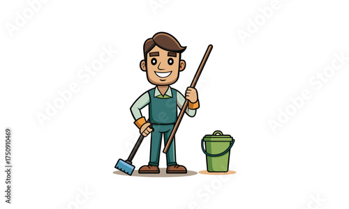 Man Cleaning Floor with Mop