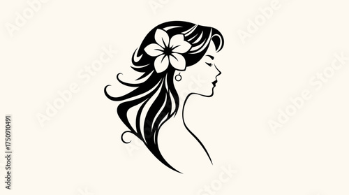Silhouette of a woman's head in profile, with flowing hair and a flower.